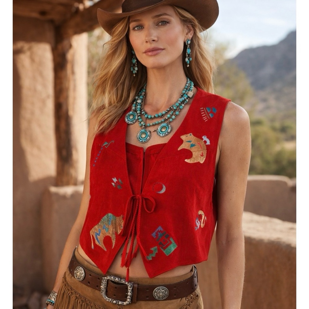 Vintage Char Hand Painted Suede Leather Southwestern Vest Buffalo Bear Native M